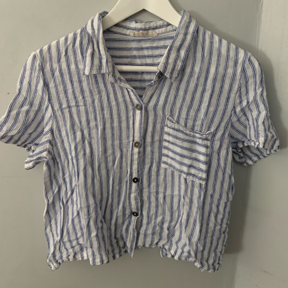Open back striped linen button shirt